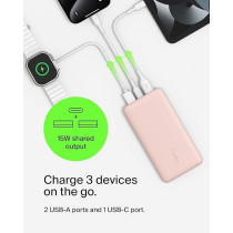 Belkin 10000Mah Portable Power Bank, Usb-C Portable Charger With 1 Usb-C Port And 2 Usb-A Ports, Battery Pack For Up To 15W Charging For Iphone, Samsung Galaxy, Airpods, Ipad, Rose Gold