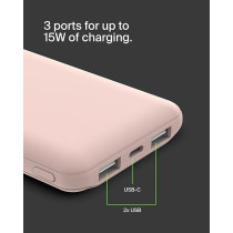 Belkin 10000Mah Portable Power Bank, Usb-C Portable Charger With 1 Usb-C Port And 2 Usb-A Ports, Battery Pack For Up To 15W Charging For Iphone, Samsung Galaxy, Airpods, Ipad, Rose Gold