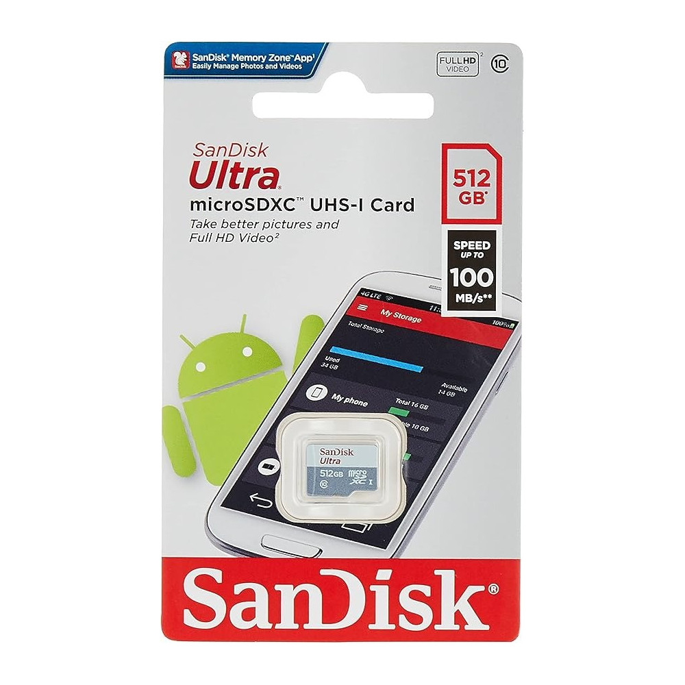 Sandisk 512GB Ultra Microsdxc Uhs 1 Card 100Mb/s, SDSQUNR-512G-GN3MN, Grey