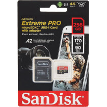Sandisk Extreme Pro 256 GB MicroSDxc Memory Card Plus Sd Adapter With A2 App Performance Up To 170 Mb/s, Class 10, U3, V30
