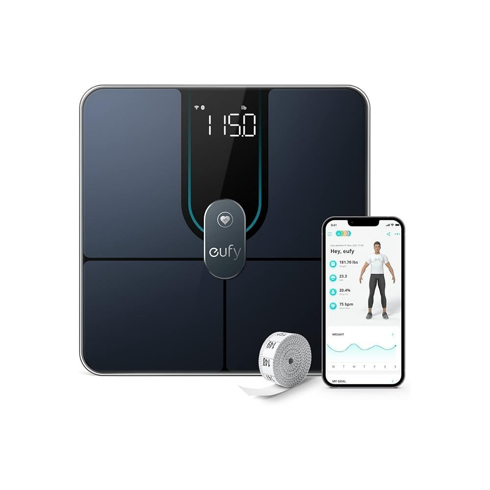 Eufy Smart Scale P2 Pro, Digital Bathroom Scale With Wi-Fi Bluetooth, 16 Measurements Including Weight, Heart Rate, Body Fat, Bmi, Muscle And Bone Mass, 3D Virtual Body Mode, Black