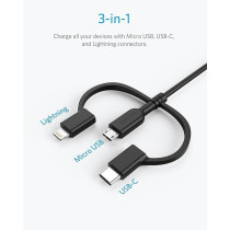 Anker Powerline Ii Charging Cable With Enhanced Durability Usb A To 3 In 1 Sync And Mifi Certified Fast Charge For All Usb A, Usb C, And Micro Usb Devices 3Ft Black, A8436H11
