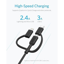 Anker Powerline Ii Charging Cable With Enhanced Durability Usb A To 3 In 1 Sync And Mifi Certified Fast Charge For All Usb A, Usb C, And Micro Usb Devices 3Ft Black, A8436H11