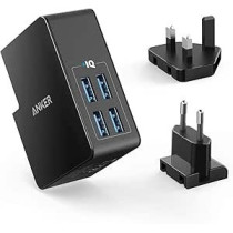 Anker Usb Plug Charger 5.4A/27W 4-Port Usb Charger, Powerport 4 Lite With Interchangeable Uk And Eu Travel Charger, Adapter For Iphone Xs/Xs Max/Xr/X/8, Galaxy S8/Note 3, Ipad Air 2/Mini 3