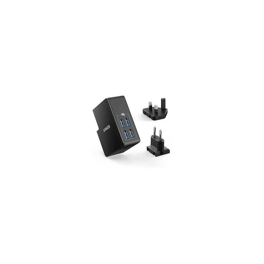 Anker Usb Plug Charger 5.4A/27W 4-Port Usb Charger, Powerport 4 Lite With Interchangeable Uk And Eu Travel Charger, Adapter For Iphone Xs/Xs Max/Xr/X/8, Galaxy S8/Note 3, Ipad Air 2/Mini 3