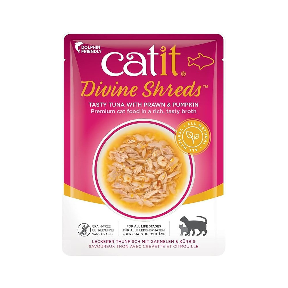 Catit Divine Shreds Tasty Tuna With Prawns And Pumpkin Premium Cat Food, 75 Gram, Pack Of 18