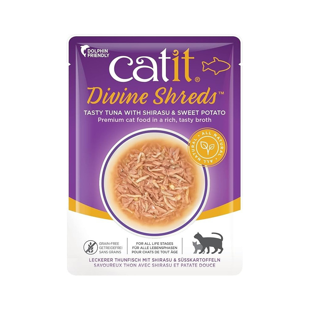 Catit Divine Shreds Tuna With Shirasu And Sweet Potato 75 Gram, 18 Pieces