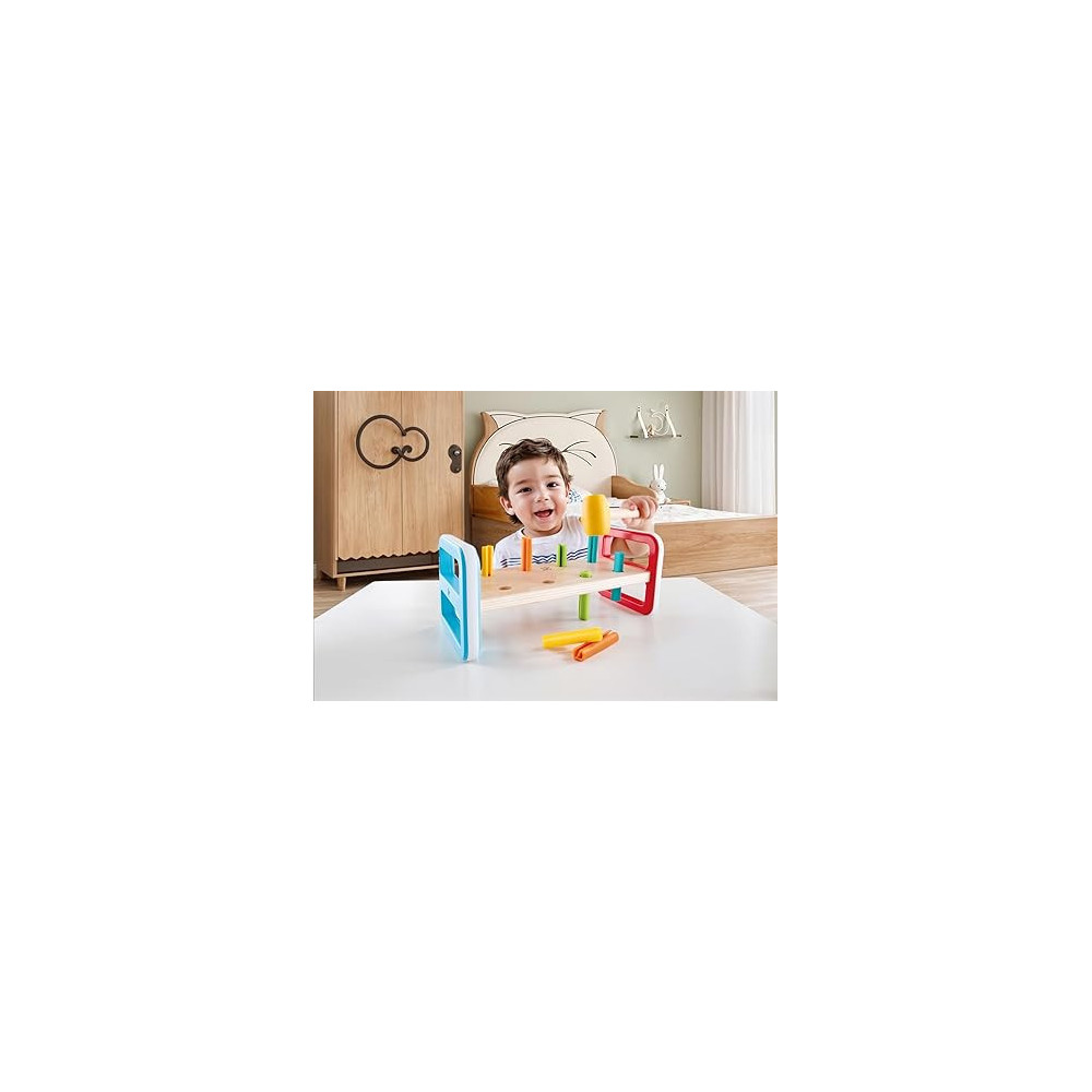 Hape Rainbow Pounding Bench Wooden Toy With Hammer, Multicolour