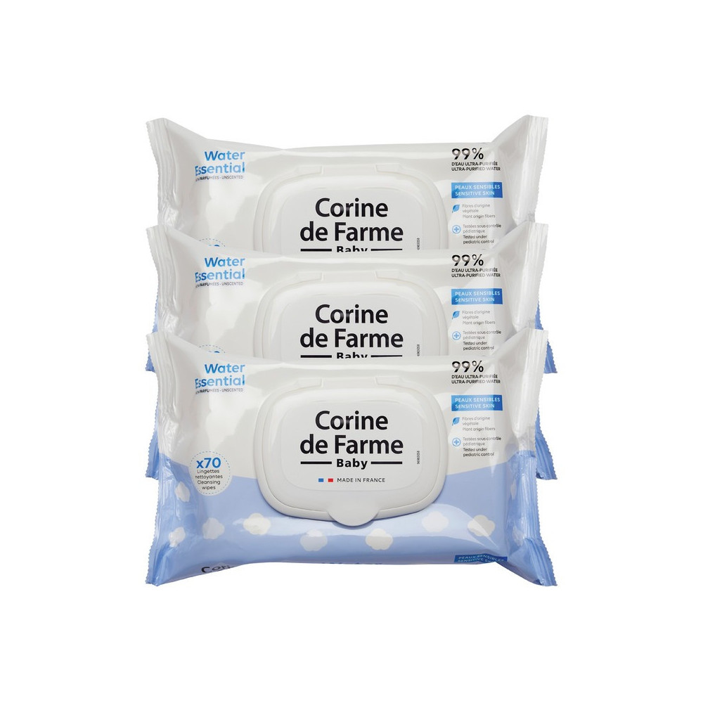 Corine De Farme Baby Water Wipes Pack of 3 With 70 Wipes Each, Gentle And Essential Care