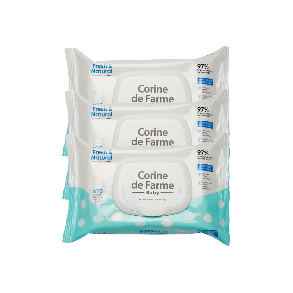 Corine De Farme Baby Fresh And Natural Wipes Pack Of 3 With 70 Wipes Each, Gentle And Essential Care