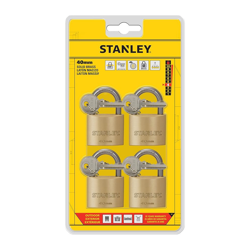 Stanley 40mm Solid Brass Padlock Standard Shackle With 5 Keys Pack Of 4