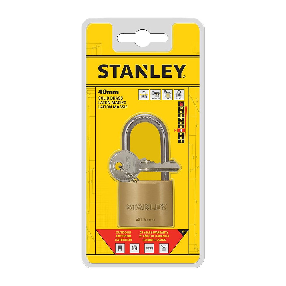 Stanley 40mm Solid Brass Padlock Standard Long Shackle With 3 Keys