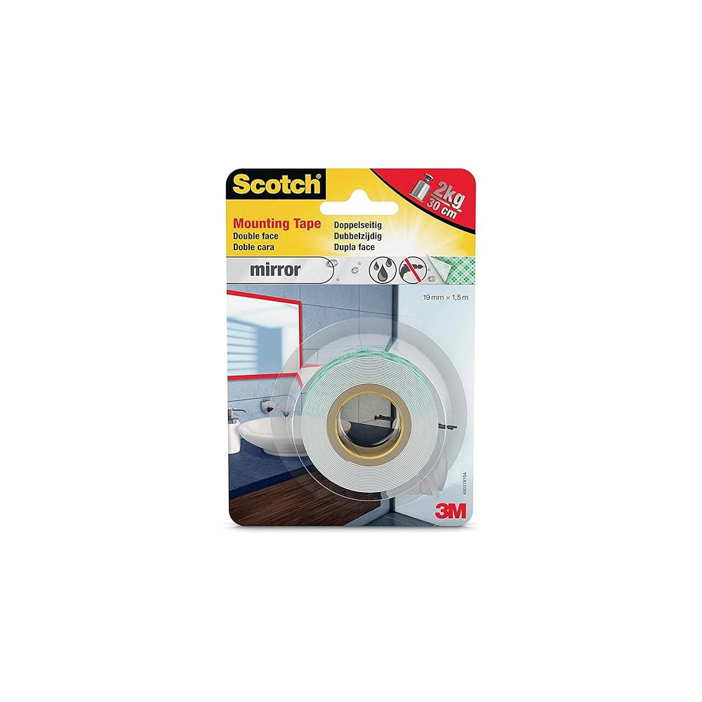 Scotch Double Sided Mount Mirror Tape For Fixing Mirrors Special for Humid Environments, 19mm x 1.5m