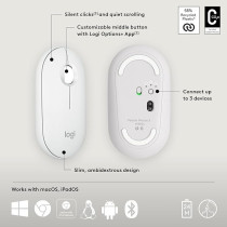 Logitech Pebble Mouse 2 M350s Slim Bluetooth Wireless Mouse, Portable, Customisable Button, Quiet Clicks, 4K DPI, 24-month battery, Easy-Switch for Windows, macOS, iPadOS, Android, Chrome OS, White, 910-007013