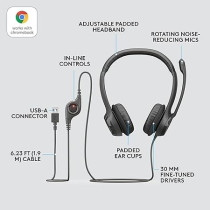 Logitech H390 Wired Headset For PC/Laptop, Stereo Headphones With Noise Cancelling Microphone, USB-A, In-Line Controls, Works With Chromebook, Black