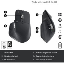 Logitech MX Master 3S - Wireless Performance Mouse with Ultra-fast Scrolling, Ergo, 8K DPI, Track on Glass, Quiet Clicks, USB-C, Bluetooth, Windows, Linux, Chrome, Graphite