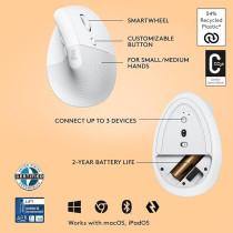 Logitech Lift Vertical Ergonomic Mouse, Wireless, Bluetooth Or Logi Bolt USB Receiver, Quiet Clicks, 4 Buttons, Compatible With Windows/MacOS/iPadOS, Laptop, PC, Off White