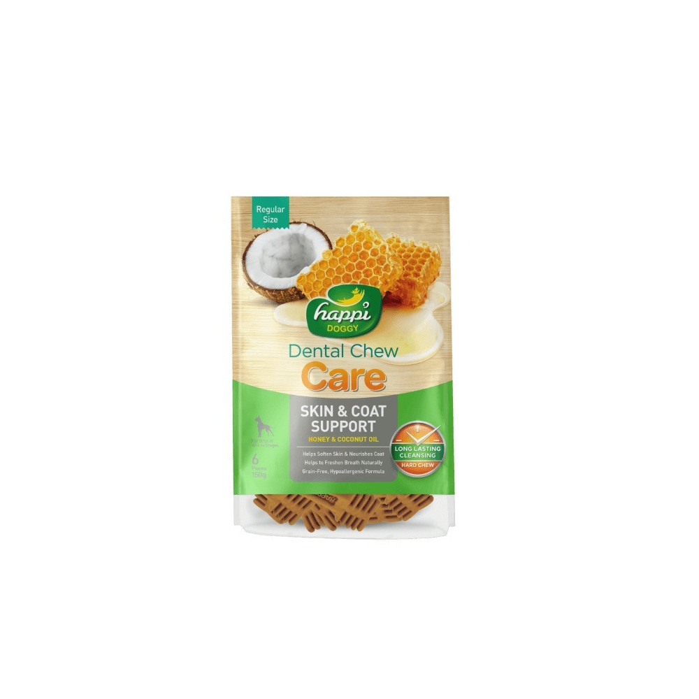 Happi Doggy Dental Chew Care-Skin And Coat Support, Honey And Coconut Oil, 4 Inch, 6 Pieces, 150 Gm