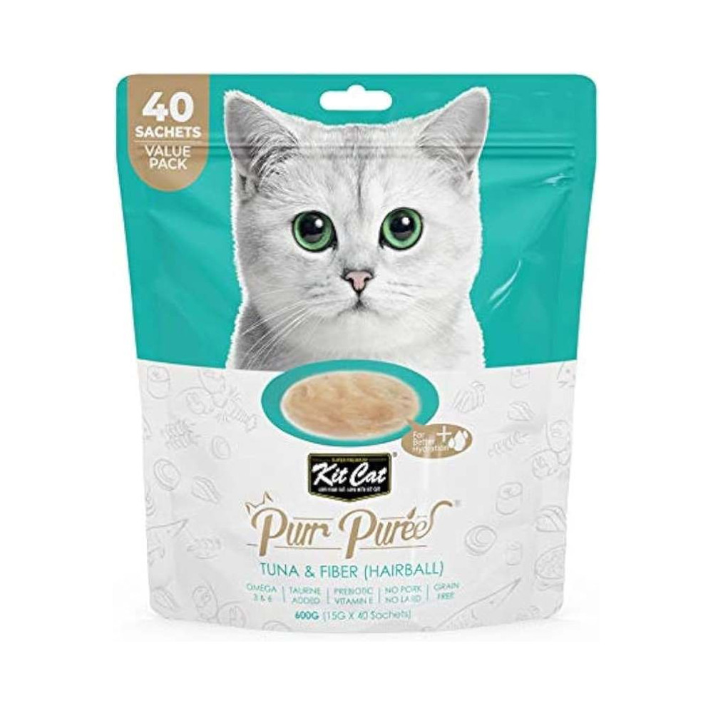 Kit Cat Hairball Tuna & Fiber Purr Puree Cat Treats Value Pack of 40 Sachets x 15g