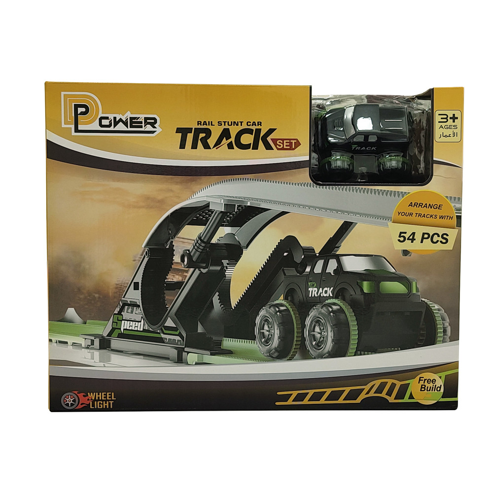 D-Power Electric Rolling Stunt Car Track DIY Free Build Track, Changeable Assembly 54 Pieces Set, Kids Age 3 Years And Up