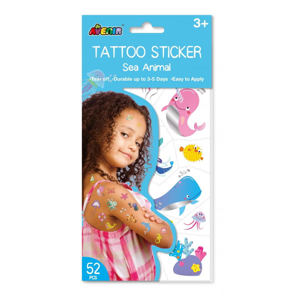 Avenir Tattoo Sticker Sea Animal 52 Pieces Set Of Temporary Tattoos High-Quality Water-Based Ink - Safe And Easy To Apply And Remove Lasts 3-5 Days For Kids 3 Years And Up