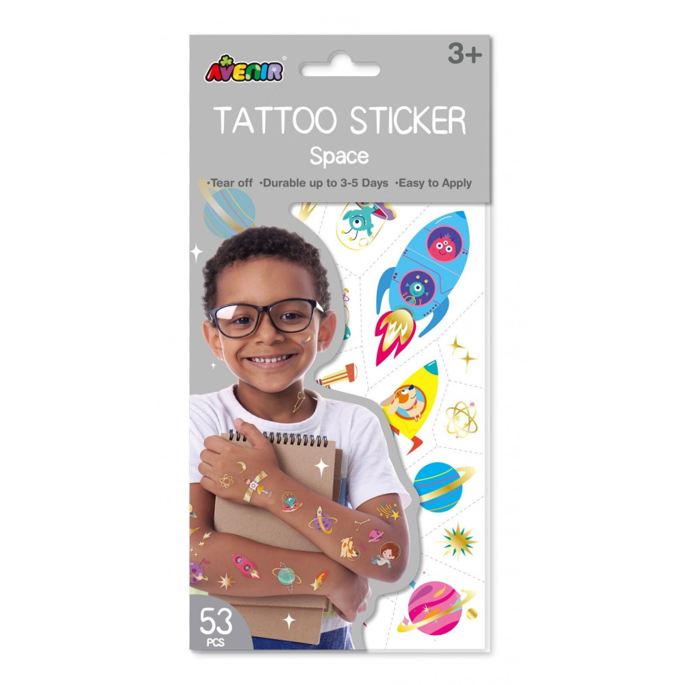 Avenir Tattoo Sticker Space 53 Pieces Set Of Temporary Tattoos High-Quality Water-Based Ink Safe And Easy To Apply And Remove Lasts 3-5 Days For Kids 3 Years And Up