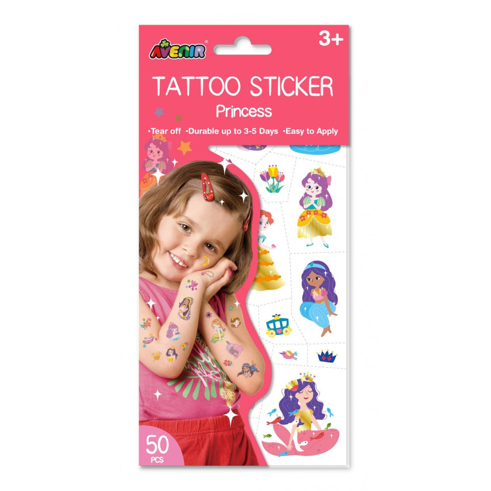 Avenir Tattoo Sticker Princess 52 Pieces Set Of Temporary Tattoos High-Quality Water-Based Ink Safe And Easy To Apply And Remove Lasts 3-5 Days For Kids 3 Years And Up