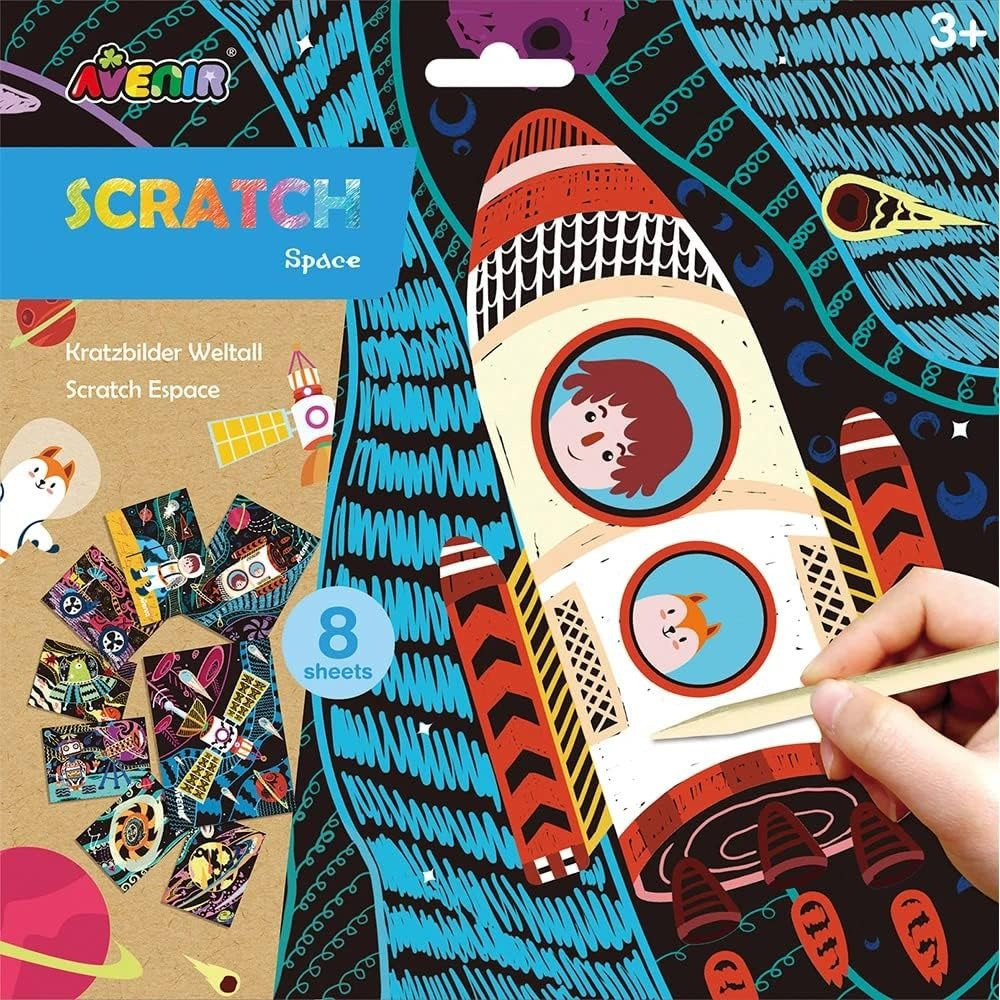 Avenir Scratch Art Kit Space Unleash Creativity With Vibrant Drawings 4 Themed Scratch Boards And Scratch Tool Watch Brilliant Colours Unfold, Engaging Activity For Young Artists 3 Years And Up