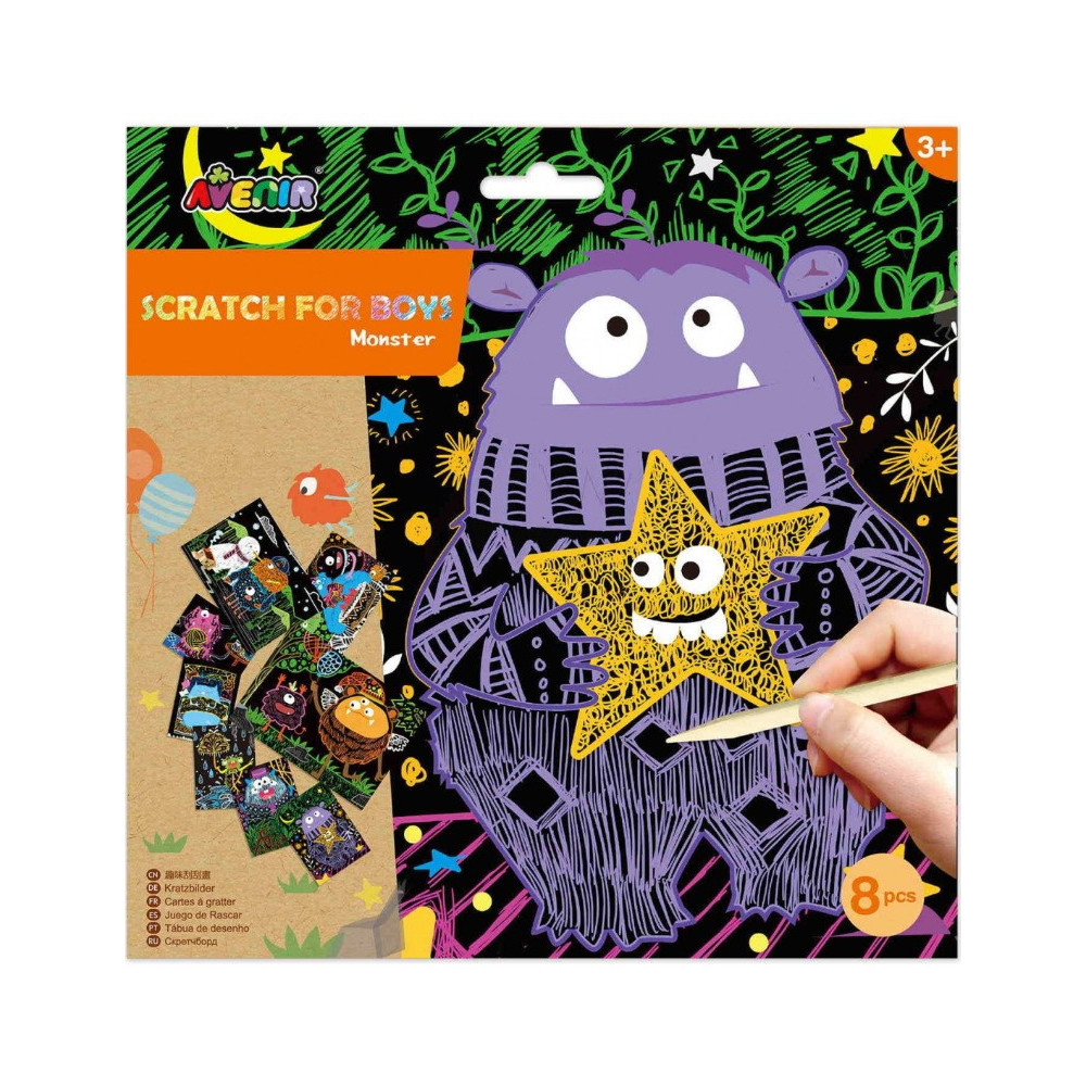 Avenir Scratch Art Kit Monster Unleash Creativity With Vibrant Drawings 4 Themed Scratch Boards And Scratch Tool Watch Brilliant Colours Unfold, Engaging Activity For Young Artists 3 Years And Up