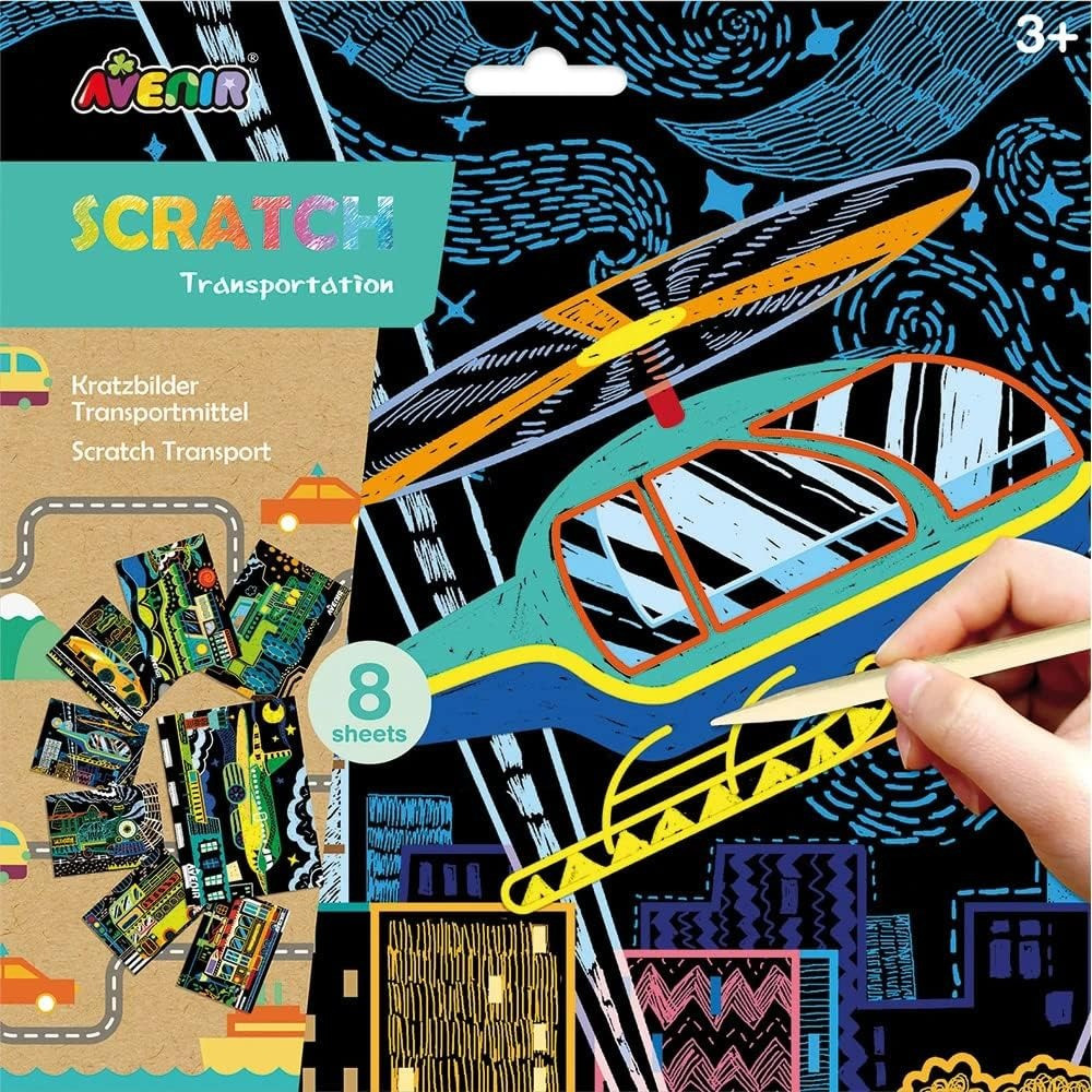 Avenir Scratch Art Kit Transportation Unleash Creativity With Vibrant Drawings 4 Themed Scratch Boards And Scratch Tool Watch Brilliant Colours Unfold, Engaging Activity For Young Artists 3 Years And Up