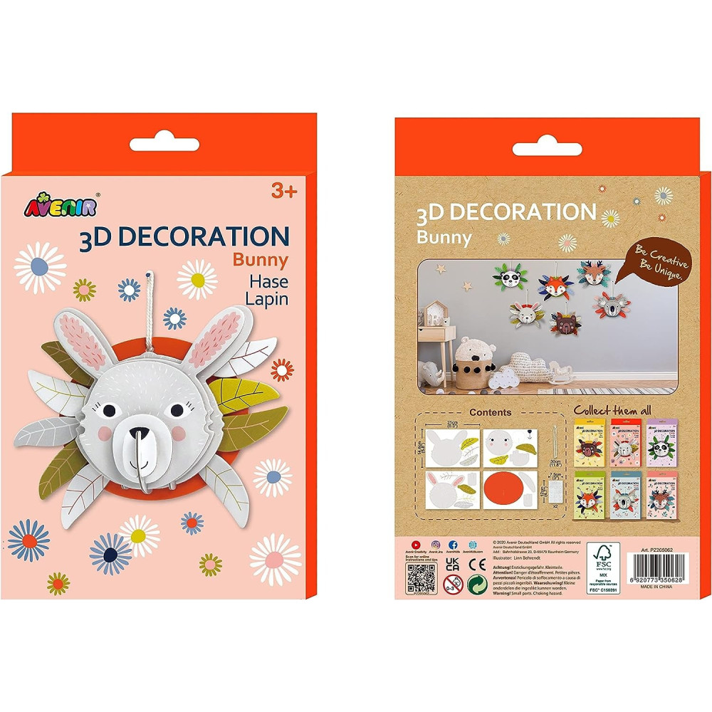 Avenir 3D Decoration Bunny Kit Turn Your Wall Into A Zoo Create 3D Decorations With Pre-Cut Cardboard Puzzle Pieces Thoughtful And Creative Gift Option For Kids 3 Years And Up
