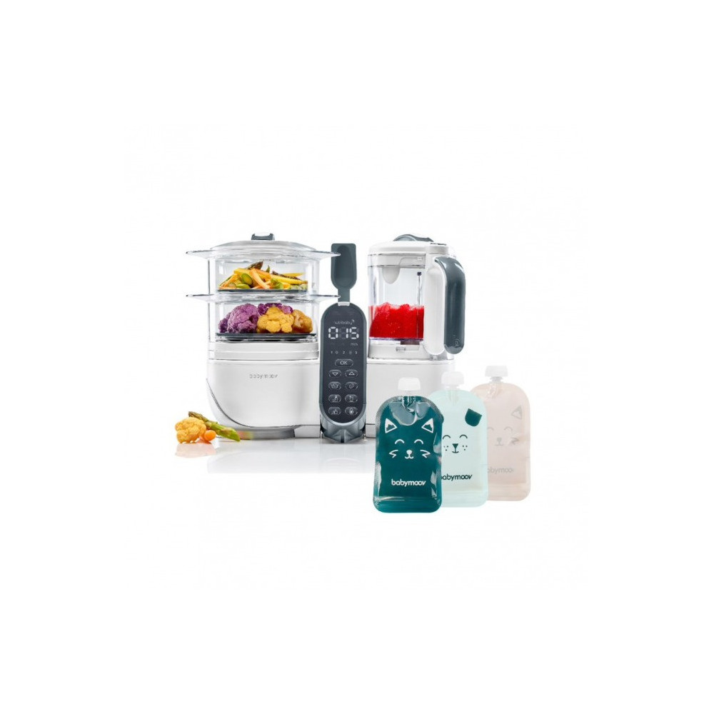 Babymoov Nutribaby Plus 6-In-1 Multi-Purpose Food Processor Plus Reusable Food Puches x 15, White