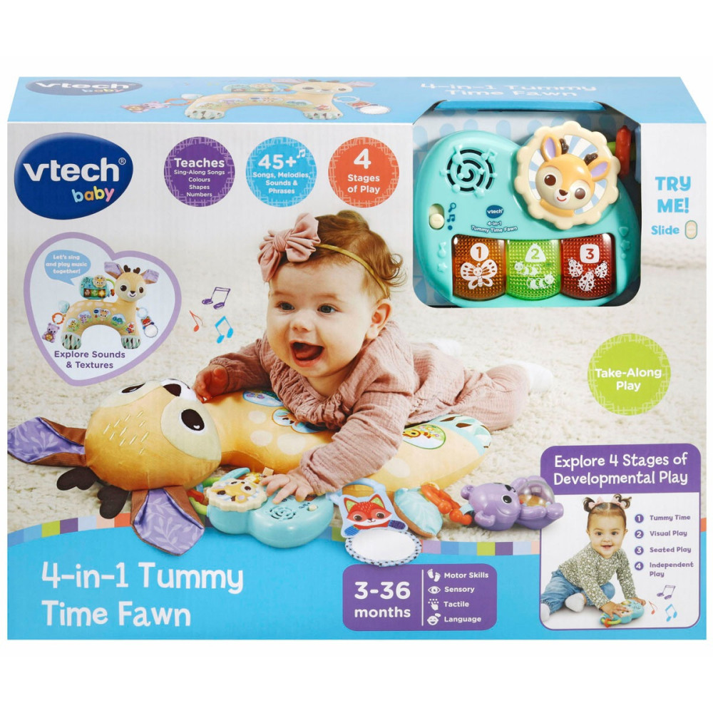 Vtech Baby 4-In-1 Tummy Time Fawn, Sensory Animal Baby Pillow With Lights, Sounds And Music, Interactive Gift For Infants 3, 6, 9, 12 Months Plus, English Version