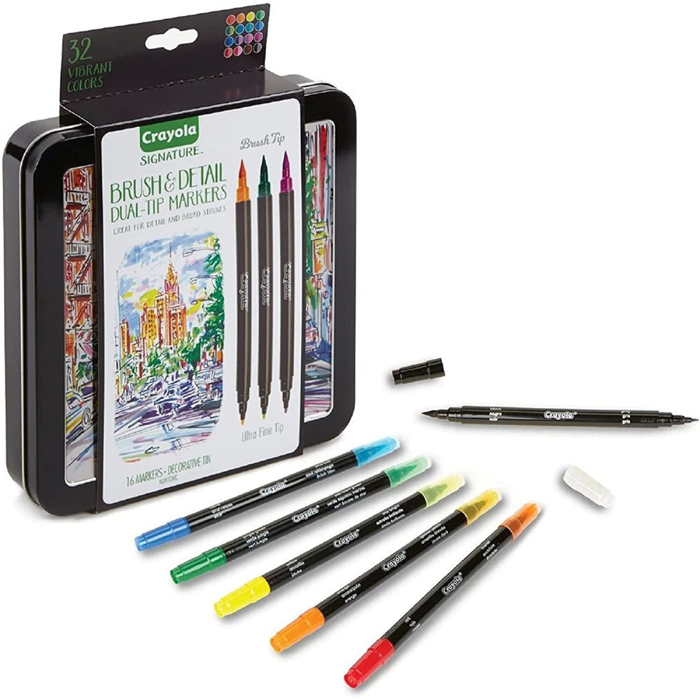 Crayola Brush And Detail Dual Tip Markers, Kids At Home Activities, 32 Colors, 16 Count