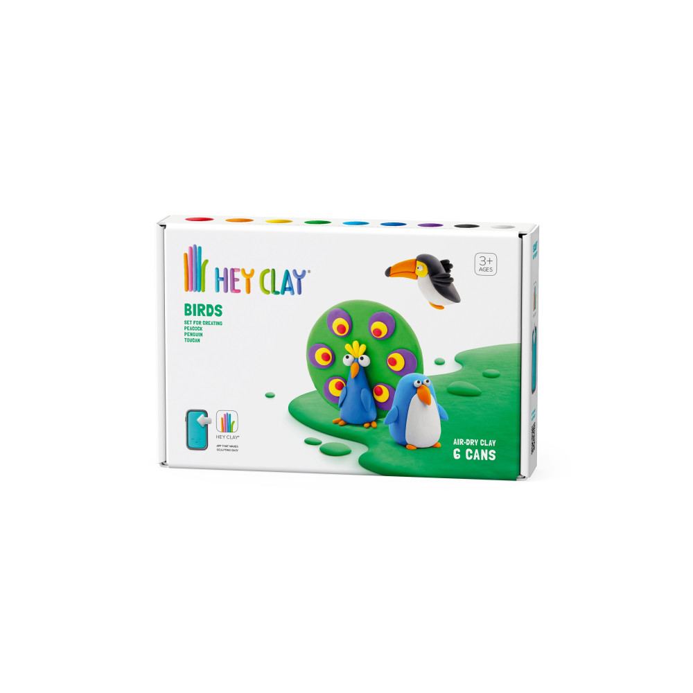 Hey Clay Diy Birds Toucan, Penguin, Peacock Plastic Creative Modelling Air-Dry Clay For Kids 6 Cans