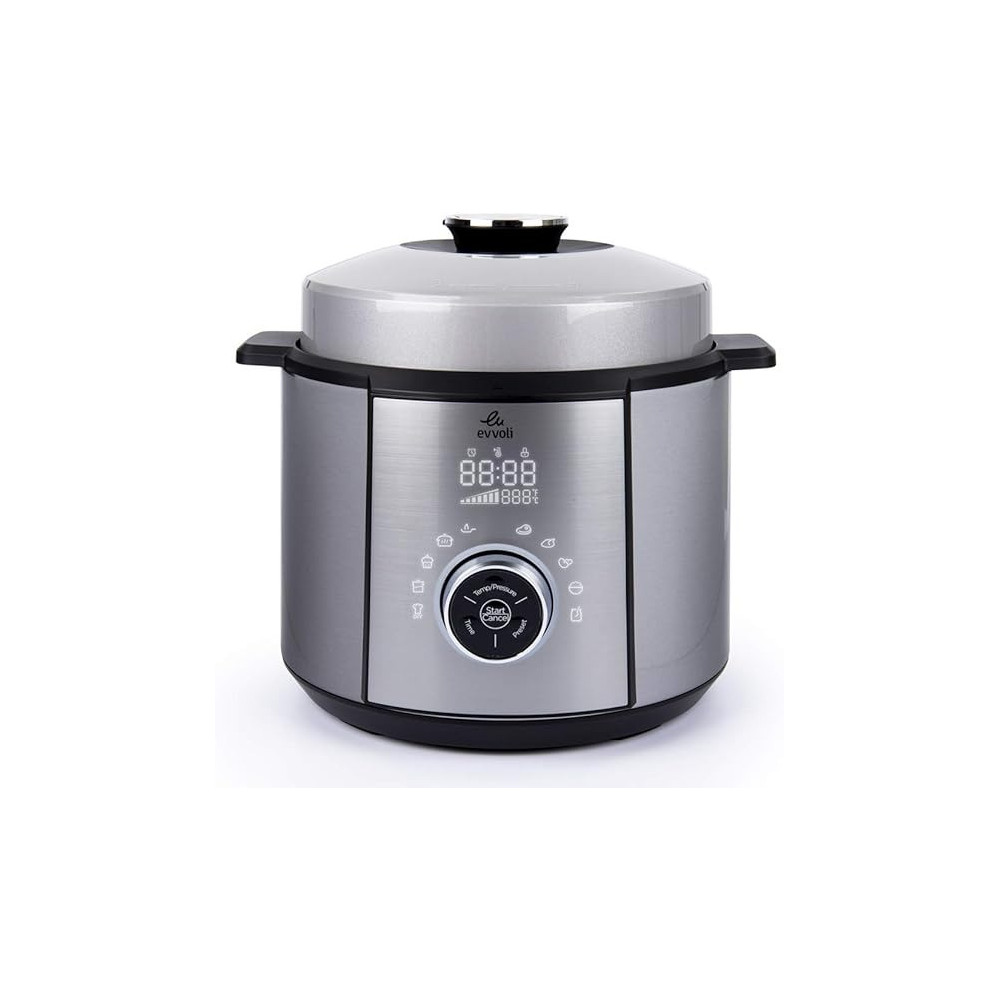 Evvoli Pressure Cooker, 6 Liters, 10 Adjustable Programs, 7 Pressure Programs, Non-stick inner pot, Steam tray included, 1100W, EVKA-PC6010S, Silver/Black