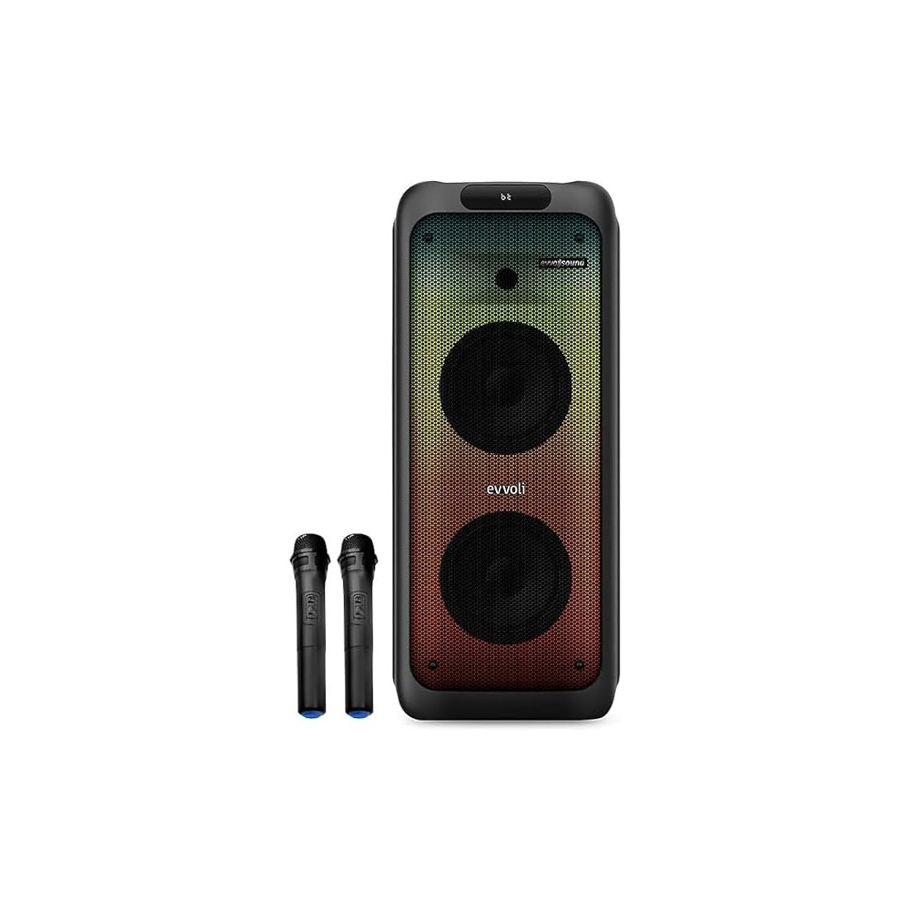 Evvoli Portable party speaker Bluetooth With Two Wireless MIC, Built In Lights, 200W Watts, EVAUD-PT200B, Black