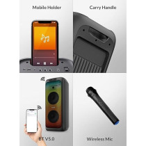 Evvoli Portable party speaker Bluetooth With Two Wireless MIC, Built In Lights, 200W Watts, EVAUD-PT200B, Black