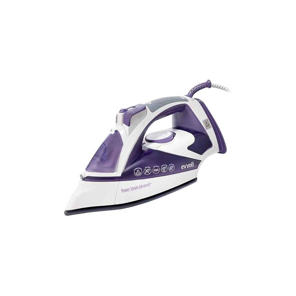 Evvoli Steam Iron 2800W With Ceramic Soleplate Auto Shut-Off With Anti-Drip, White with Purple, EVIR-5MP
