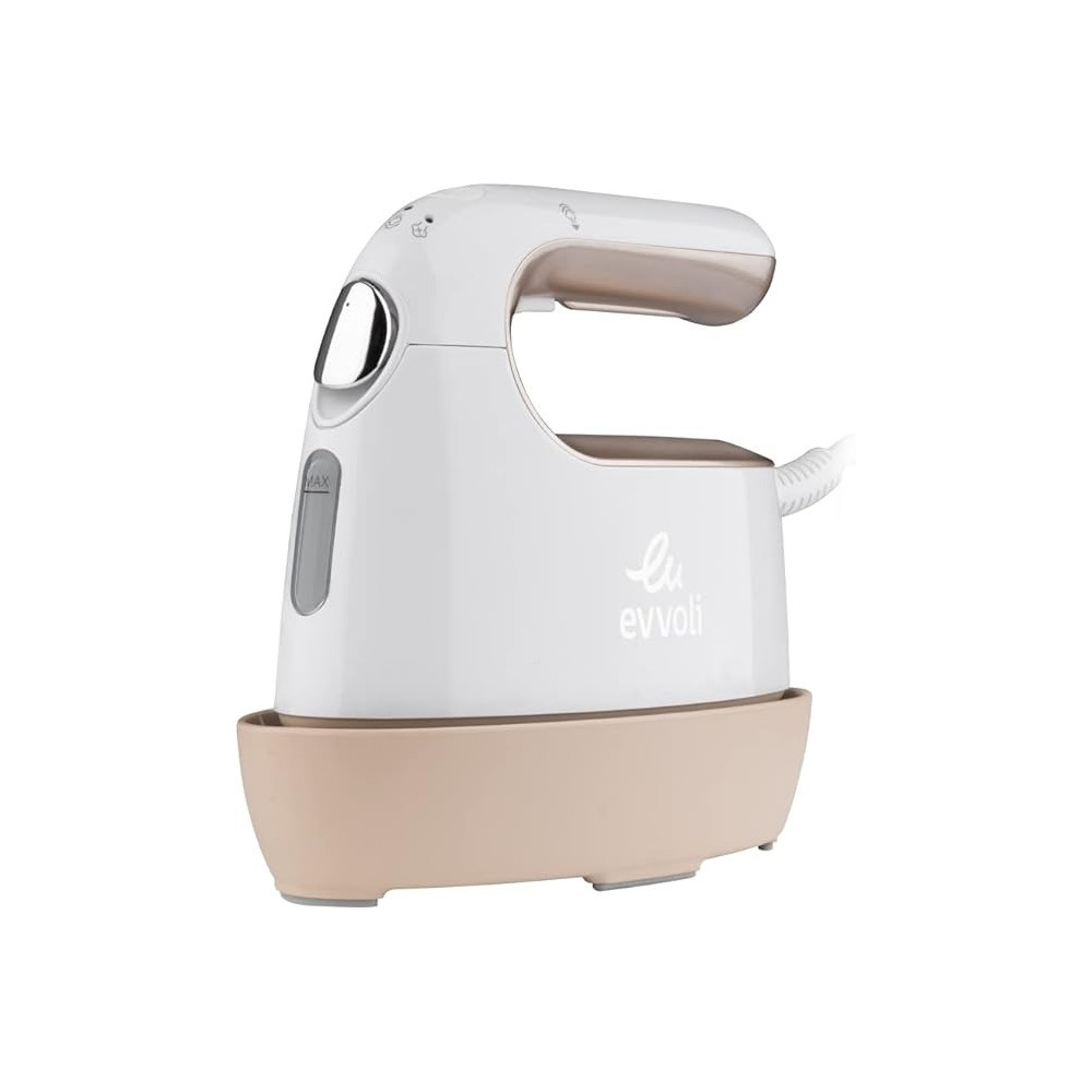 Evvoli Portable Steam Iron With 8 Streaming Holes, Base Stand, 2mm Thick Non-Stick Ceramic Soleplate, 1000W - EVIR-PGS1000G, White