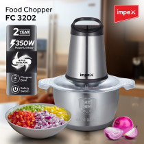 Impex Electric Food Chopper Stainless Steel Bowl With 2 Speed Adjustable And 4 Piece Stainless Steel Blade 2 L 350 W FC 3202 Silver