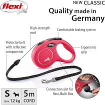 Flexi New Classic Cord 5m Retractable Dog Leash/Lead For Dogs, Red, Small