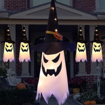 Brain Giggles LED Ghost Hanging Wizard Hat Lamp Lights Set of 3 (45 x 25cm) Perfect for Spooky Halloween Decor, White/Black