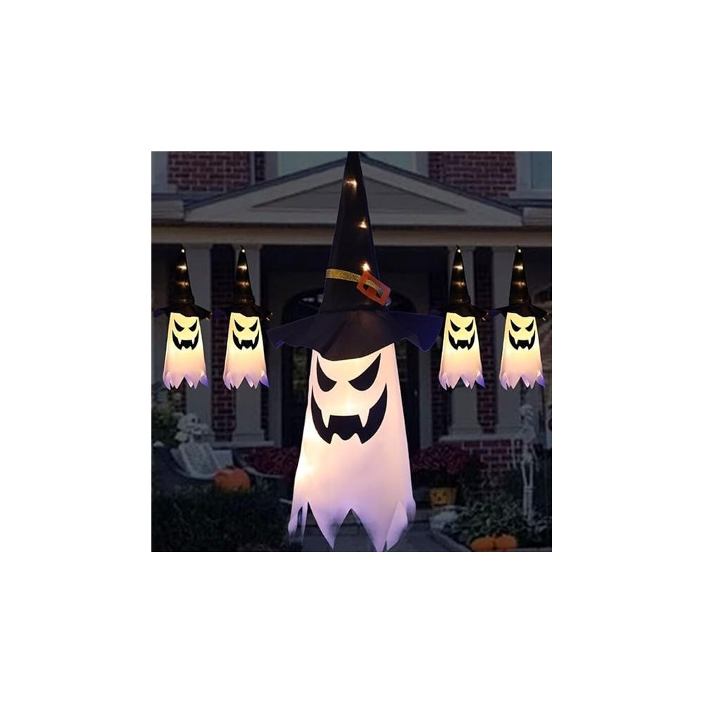Brain Giggles LED Ghost Hanging Wizard Hat Lamp Lights Set of 3 (45 x 25cm) Perfect for Spooky Halloween Decor, White/Black