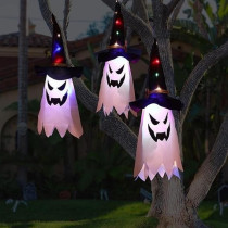 Brain Giggles LED Ghost Hanging Wizard Hat Lamp Lights Set of 3 (45 x 25cm) Perfect for Spooky Halloween Decor, White/Black