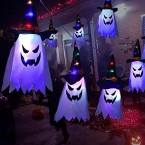 Brain Giggles LED Ghost Hanging Wizard Hat Lamp Lights Set of 3 (45 x 25cm) Perfect for Spooky Halloween Decor, White/Black