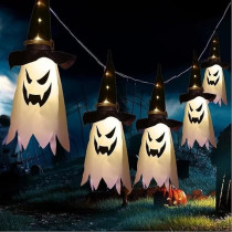 Brain Giggles LED Ghost Hanging Wizard Hat Lamp Lights Set of 3 (45 x 25cm) Perfect for Spooky Halloween Decor, White/Black