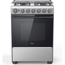 Midea 60 x 60Cm Freestanding Cooker, Full Gas Cooking Range With 4 Burners, Automatic Ignition And Safety, Cast Iron Pan Support, Stainless Steel Finish, Separate Knob For Oven Grill, BME62058FFD-D