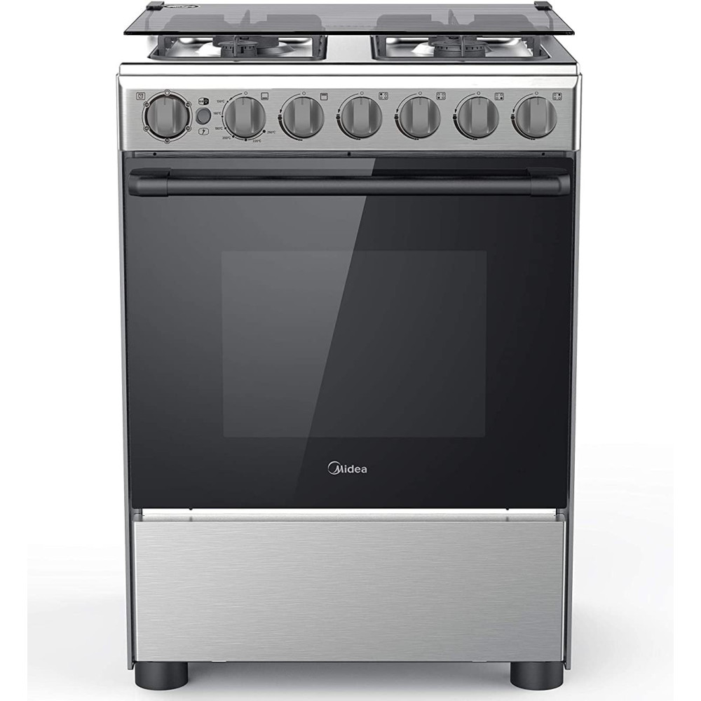 Midea 60 x 60Cm Freestanding Cooker, Full Gas Cooking Range With 4 Burners, Automatic Ignition And Safety, Cast Iron Pan Support, Stainless Steel Finish, Separate Knob For Oven Grill, BME62058FFD-D