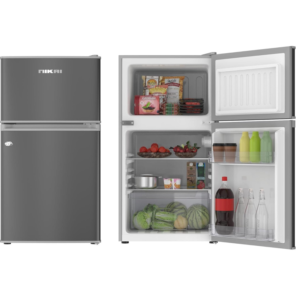 Nikai 135L Gross/88L Net, Small Double Door Mini Refrigerator With Vegetable Crisper And Adjustable Glass Shelves, Defrosting, Mini Fridge, NRF135DDS, Grey